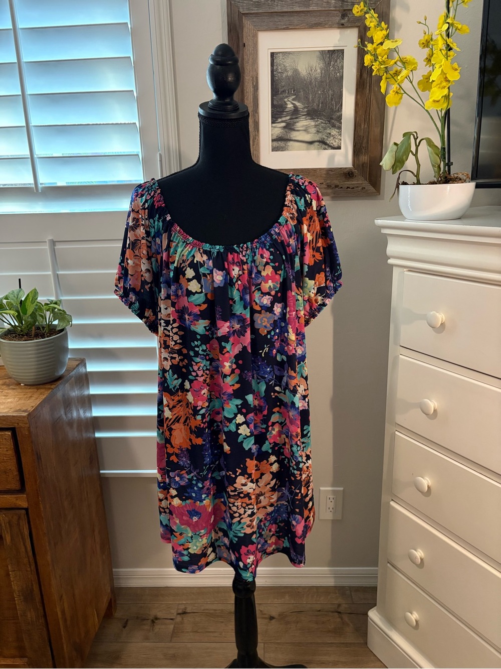 SPLA Floral Scoop Neck Short Sleeve Women's Top - Navy Multi, 3X
